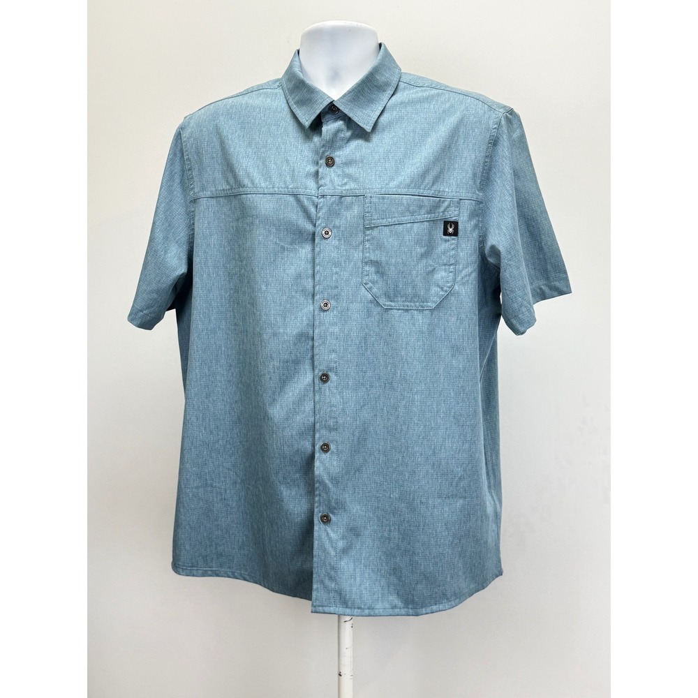 Spyder Mens Short Sleeve Button Down Shirt Blue Heathered Outdoor Active Top - Picture 12 of 12
